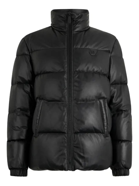 Philipp Plein logo-patch leather puffer jacket