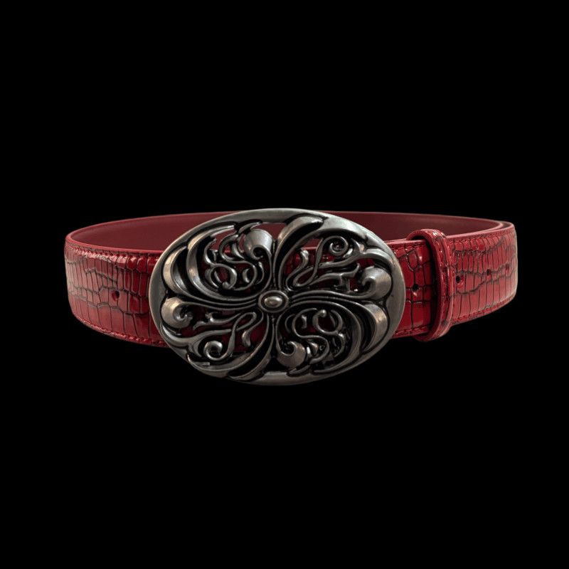 Red Croc Leather Belt Vintage Floral Carved Metal Buckle Waist Belt