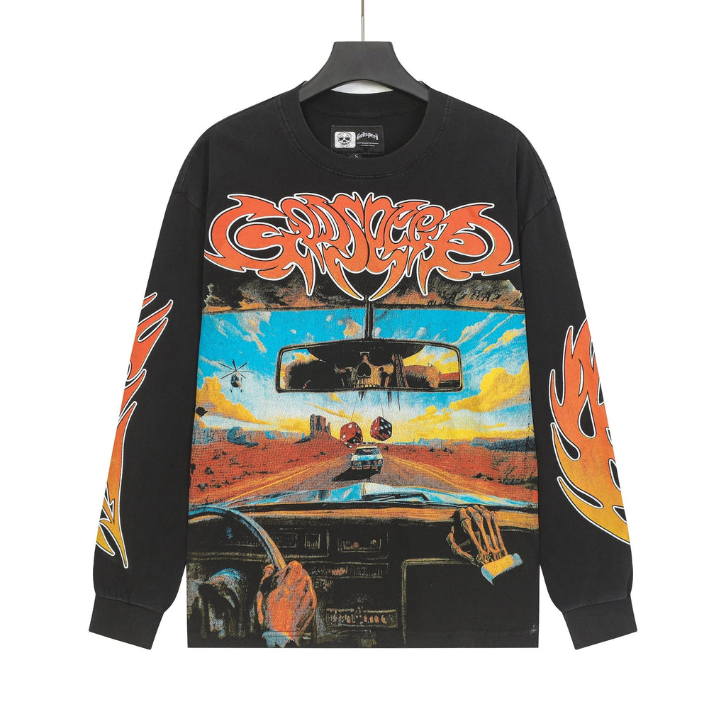 Godspeed Washed Black Flame Graphic Long-Sleeve T-Shirt
