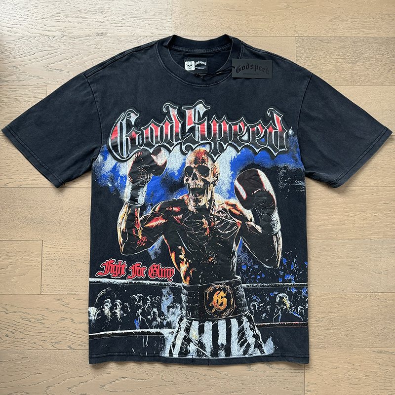 Godspeed Washed Black Skull Boxing Graphic T-Shirt