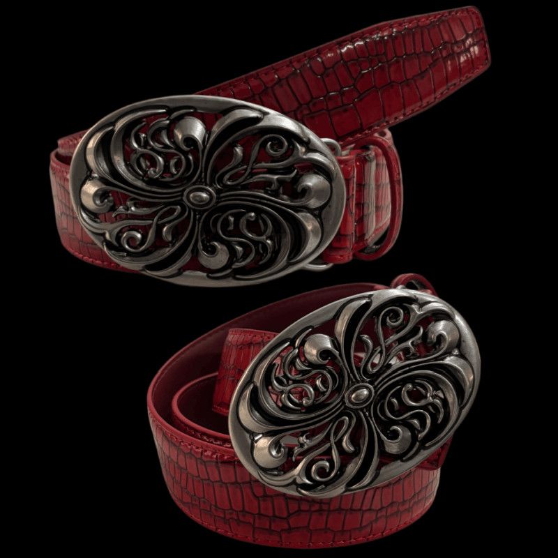 Red Croc Leather Belt Vintage Floral Carved Metal Buckle Waist Belt