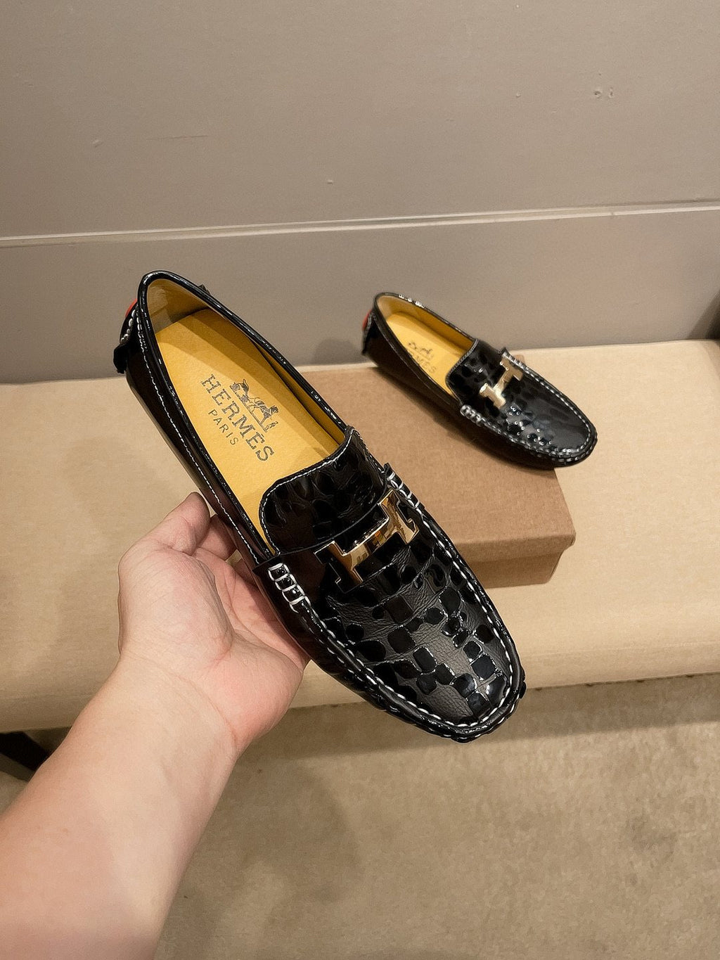 Hermès Black Textured Loafers
