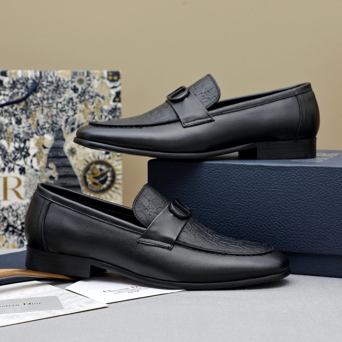 Dior Black Textured Buckle Loafers