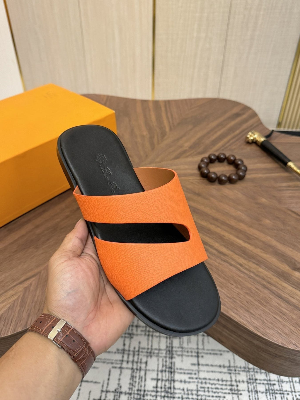 Loro Piana Cutout Leather Slide Sandals
