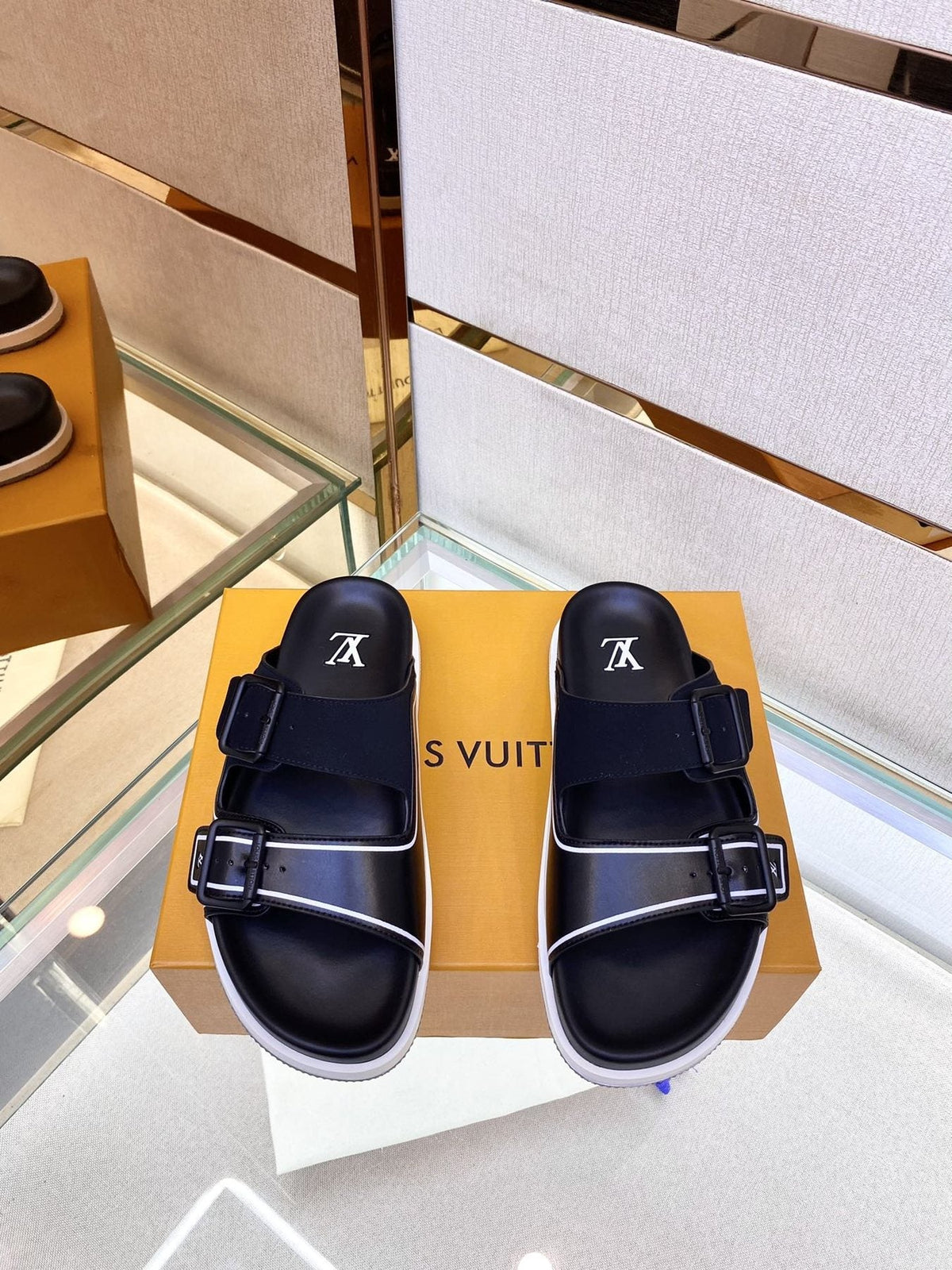 Louis Vuitton Black Two-Strap Slide Sandals