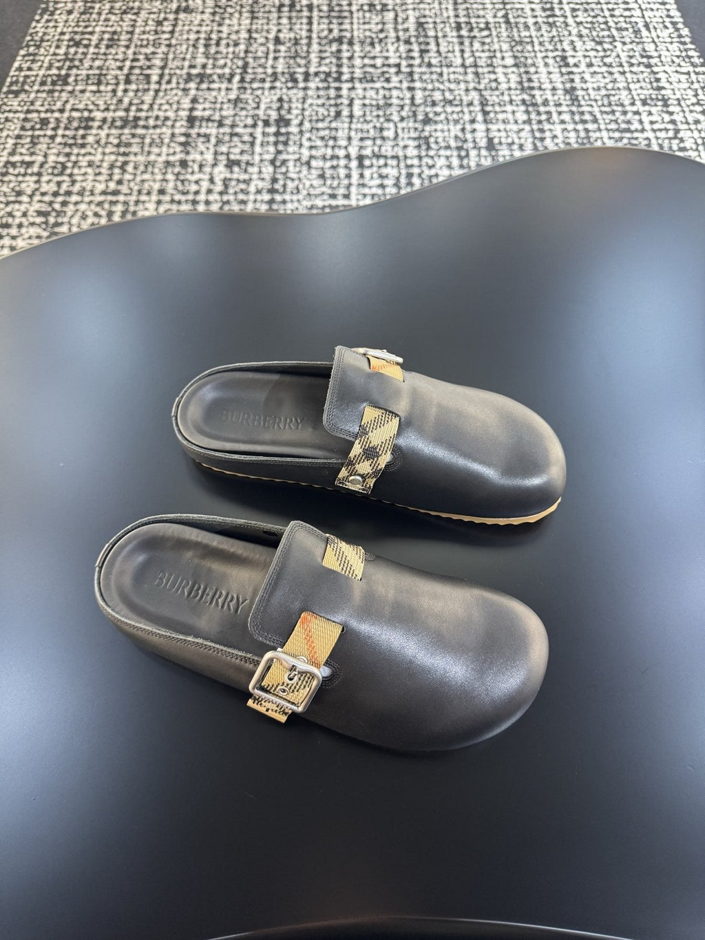 Burberry Men's Black Plaid Buckle Mule Sandals