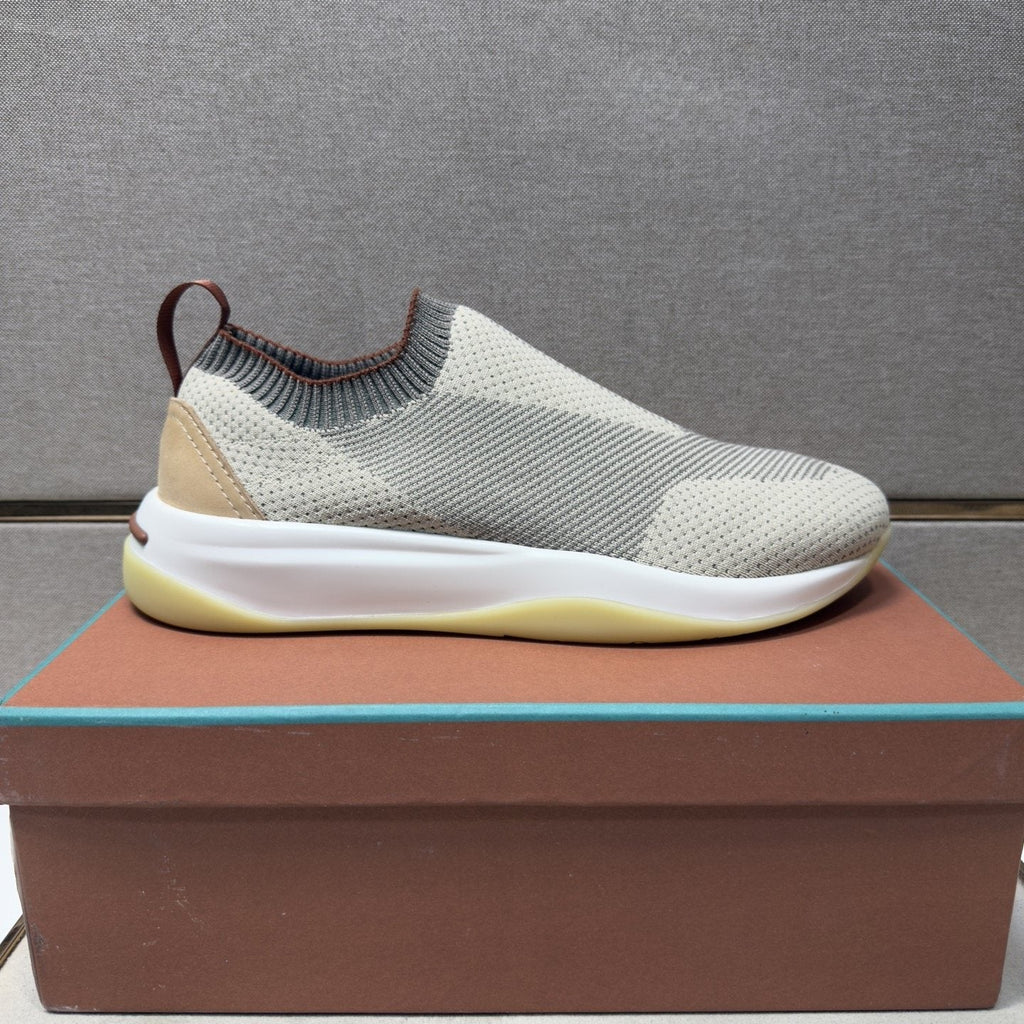 Men's Knit-Look Slip-On Sneakers - Light Gray, Beige & White