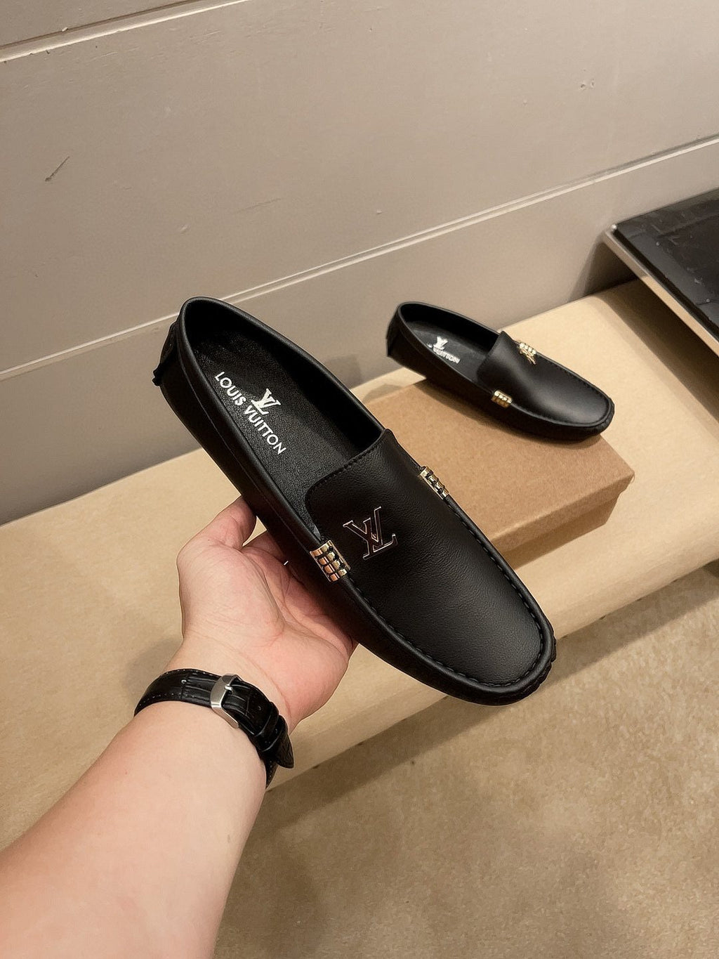 Louis Vuitton Black Pebbled Leather Loafers - Moc-Toe Stitching