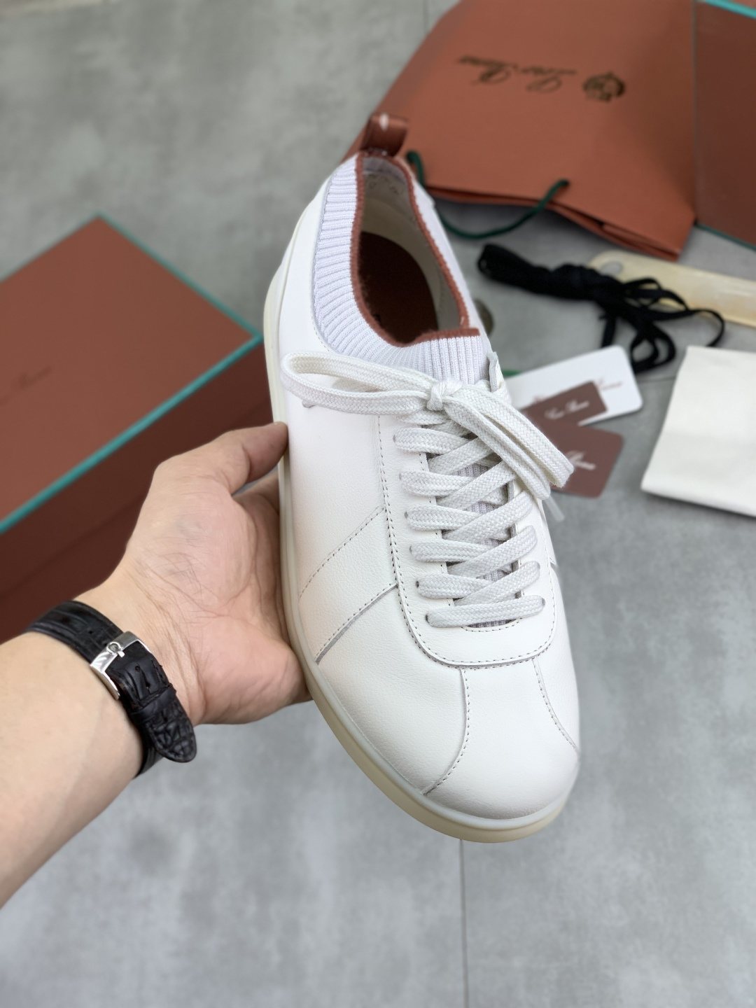 Loro Piana White Knit Leather Sneakers